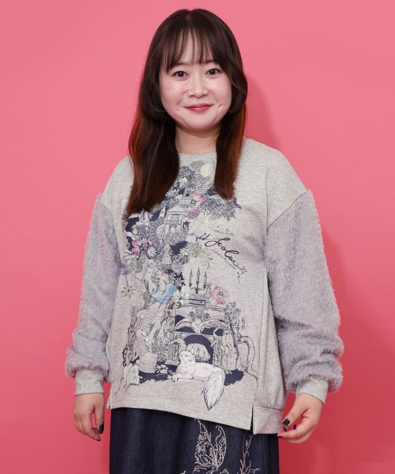 イズスカラー ISSCOLAR フリンジ シフォン 切替 裏毛 プルオーバー アイボリー 杢グレー ブラック M トップス 綿 ポリエステル 配色 ゆったり フェミニン おしゃれ かわいい 秋 冬 カジュアル 長袖