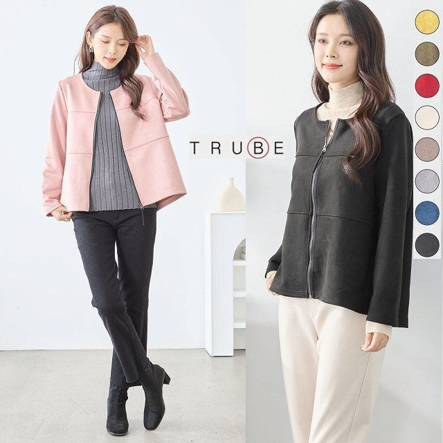 Rakuten - TRUBE ジャケット 丸首 長袖 フェイクスエード トップス レディース チュニック 黒 赤 グレー ベージュ ピンク 冬 春 L LL 大きいサイズ 20代 30代 40代 50代 60代 普段着 通勤 旅行 カジュアル 即日発送 送料無料 チュニック349 C02-206