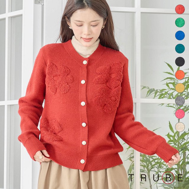 【BLACK FRIDAY】 カーディガン ニット レディース クルーネック 花モチーフ 丸首 長袖 トップス 前開き 秋 冬 M L 黒 グレー 赤 緑 青 20代 30代 40代 50代 60代 即日発送 送料無料 婦人服 おしゃれ 大人可愛い きれいめ 通勤 チュニック351 TRUBE N25-211