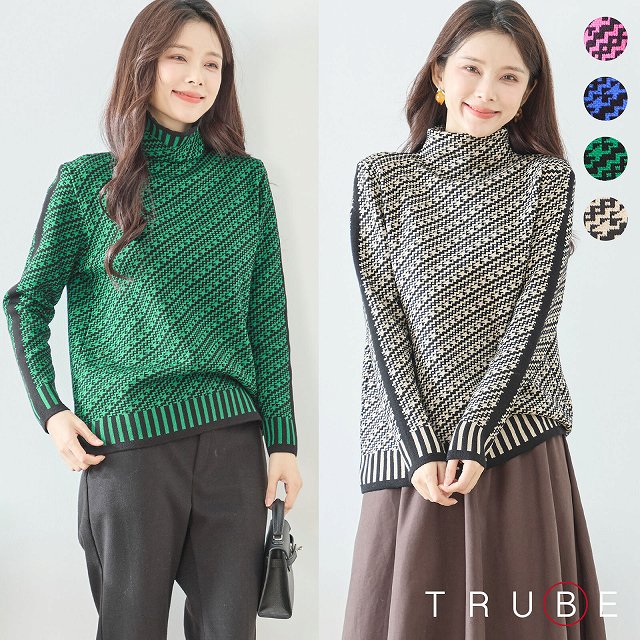 ニット セーター ハイネック プルオーバー 長袖 ボトルネック 幾何学柄 トップス レディース 秋 冬 M L ピンク 青 緑 ベージュ 20代 30代 40代 50代 60代 即日発送 送料無料 婦人服 おしゃれ 大人可愛い 通勤 旅行 チュニック352 TRUBE N15-265