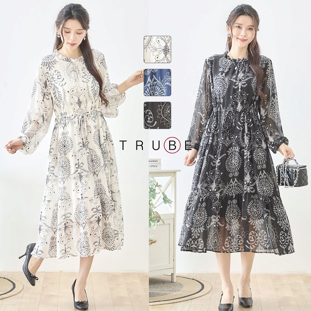 TRUBE 원피스 긴 소매 라운드 목 여성 튜닉 민족 톤 미모레 길이 여성 여성 의류 겨울 봄 ML 캐주얼 블랙 감색 20 대 30 대 40 대 50 대 60 대 당일 발송 송료 무료 체형 커버 드레스 통일 N82-454