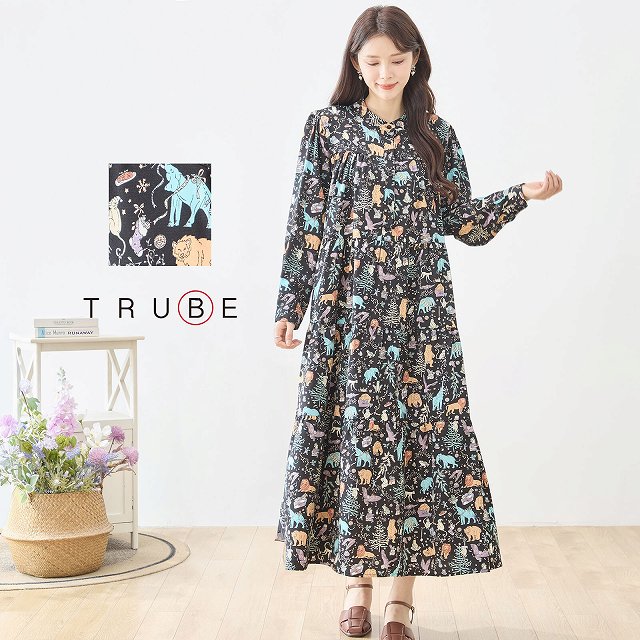 Rakuten - TRUBE ワンピース 長袖 ロングワンピース チュニック ギャザー 前ボタン レディース ロング丈 冬 春 L LL 大きいサイズ 黒 20代 30代 40代 50代 60代 即日発送 送料無料 体型カバー ドレス 通勤 日常着 普段着 旅行 ワンピース409 N82-501