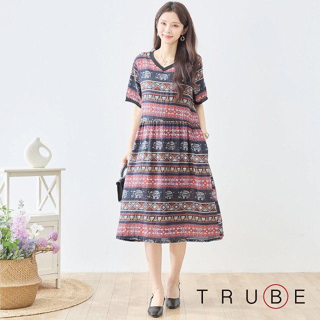 TRUBE ワンピース 半袖 エスニック柄 Vネック 綿100％ コットン レディース チュニック 膝丈 ポケット付き 春 夏 M L 黒 ブラック 30代 40代 50代 60代 即日発送 送料無料 体型カバー ドレス 通勤 普段着 旅行 クルーズ ワンピース480 N82-515