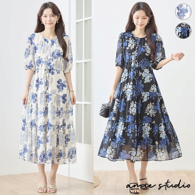 TRUBE ワンピース 半袖 フラワー プリント シフォン パフスリーブ ミモレ丈 チュニック レディース 婦人服 春 夏 M L 黒 アイボリー 30代 40代 50代 60代 即日発送 送料無料 体型カバー ドレス 通勤 日常着 普段着 旅行 ワンピース484 N82-654