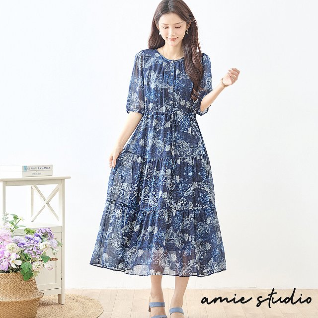 TRUBE ワンピース 半袖 ボタニカル プリント シフォン パフスリーブ ミモレ丈 チュニック レディース 婦人服 春 夏 M L 紺 ネイビー 30代 40代 50代 60代 即日発送 送料無料 体型カバー ドレス 通勤 日常着 普段着 旅行 ワンピース490 N82-655