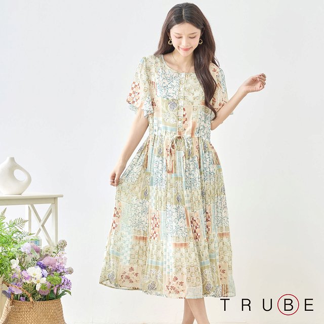 TRUBE ワンピース 半袖 フラワー パッチワーク プリント プリーツ シフォン ミモレ丈 チュニック レディース 婦人服 春 夏 M L 30代 40代 50代 60代 即日発送 送料無料 体型カバー ドレス 通勤 日常着 普段着 旅行 ワンピース495 N82-716