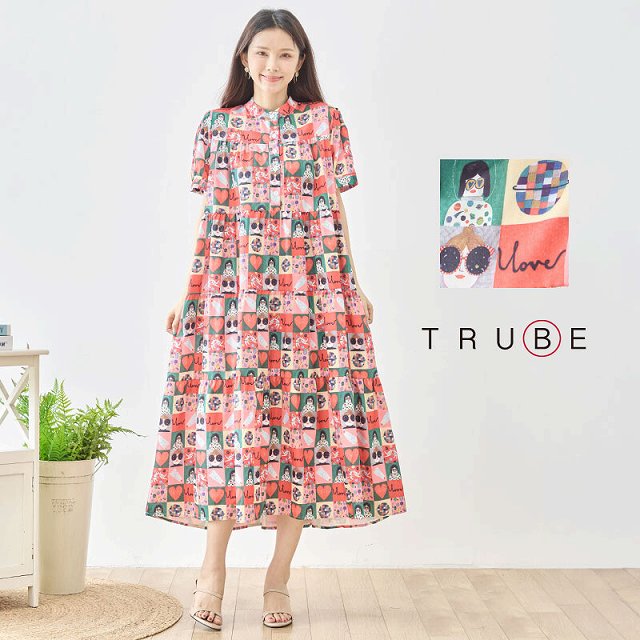 TRUBE ワンピース 半袖 ロングワンピース ティアード レトロアート フィギュア チュニック 前ボタン レディース 夏 秋 M L 赤 レッド 20代 30代 40代 50代 60代 即日発送 送料無料 体型カバー ドレス 通勤 普段着 旅行 ワンピース514 82-773