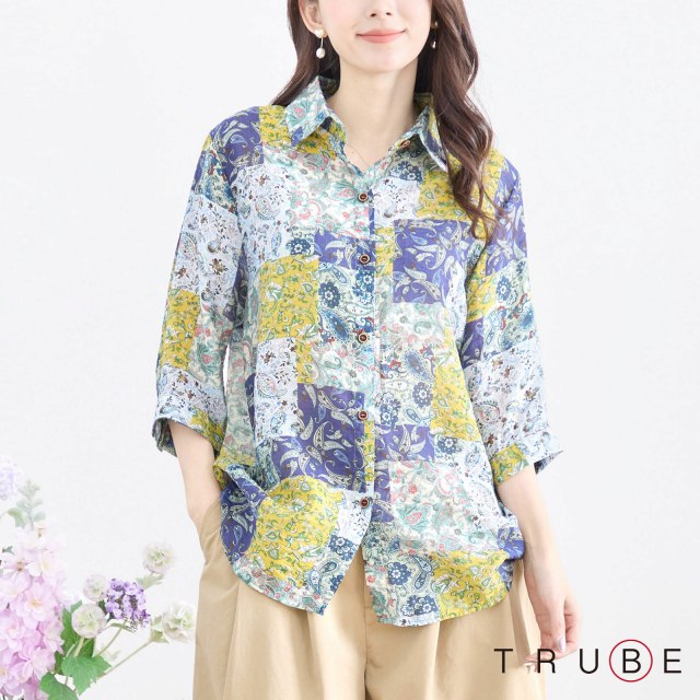 シャツ ロングシャツ プリント レディース 七分袖 ブラウス おしゃれ 重ね着風 チュニック カジュアル ロング丈 大きいサイズ ブルー 20代 30代 40代 50代 60代 春 夏 M L 即日発送 送料無料 おしゃれ アバンギャルド チュニック289 TRUBE N12-224