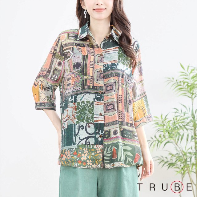 シャツ ロングシャツ 総プリント レディース 七分袖 ブラウス おしゃれ 重ね着風 チュニック カジュアル ロング丈 大きいサイズ 黒 20代 30代 40代 50代 60代 春 夏 M L 即日発送 送料無料 おしゃれ アバンギャルド チュニック292 TRUBE N12-233