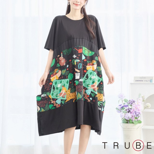 TRUBE ワンピース 半袖 大人可愛い 異素材切替 サファリ柄 レディース チュニック 膝下丈 丸首 春 夏 L LL フリー 大きいサイズ カジュアル 黒 20代 30代 40代 50代 即日発送 送料無料 体型カバー 通勤 普段着 ドレス ワンピース263 C08-253A