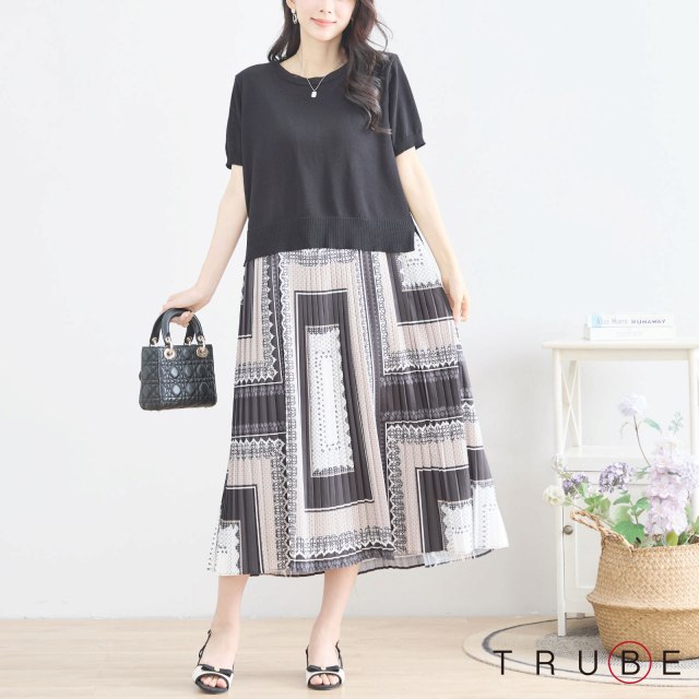 【BLACK FRIDAY】 ワンピース 半袖ニット 2点セット 幾何学柄 プリント アンサンブル レディース チュニック ミモレ丈 膝下丈 春 夏 M L ブ...