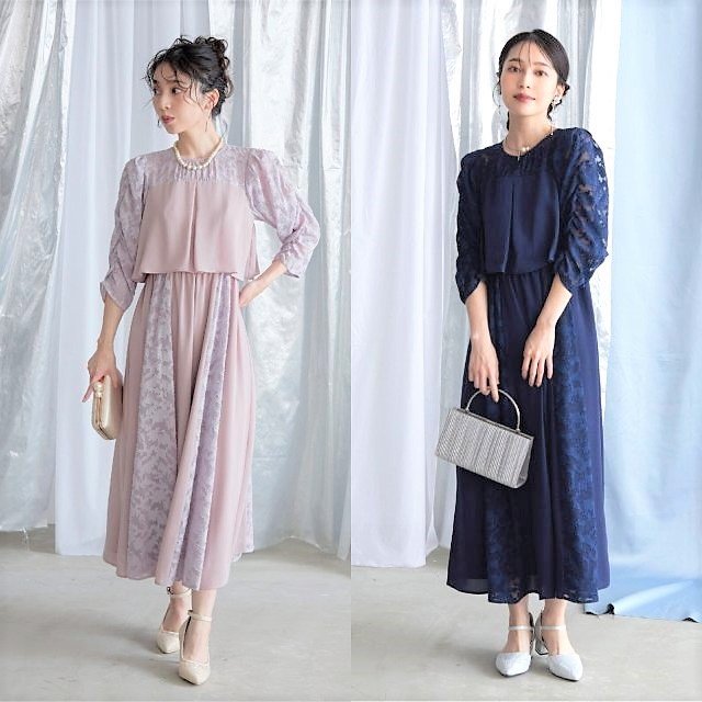 ワンピース 結婚式 パーティードレス フレアー レース ミモレ丈 膝下丈 袖付き 袖あり 披露宴 二次会 お呼ばれ 成人式 同窓会 演奏会 パーティードレス583 ピンク 紺 黒 秋 冬 送料無料 即日発送 上品 大人 ピアノ 発表会 クルーズ 服装 フォーマル