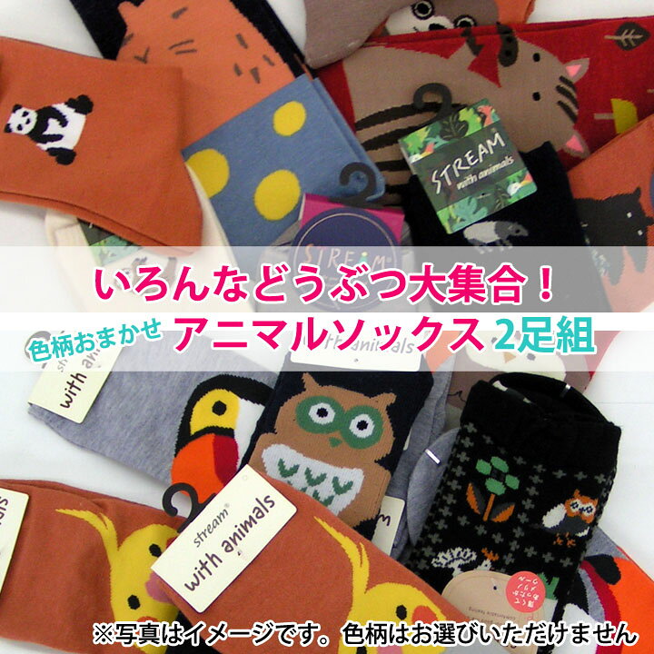 乐天商城 - 【新商品】いろんなどうぶつ大集合！色柄おまかせ！アニマルソックス2足組【他の商品と一緒にお買い上げ送料無料　対象外地域あり】【代引き不可】【単品ポストにお届け】