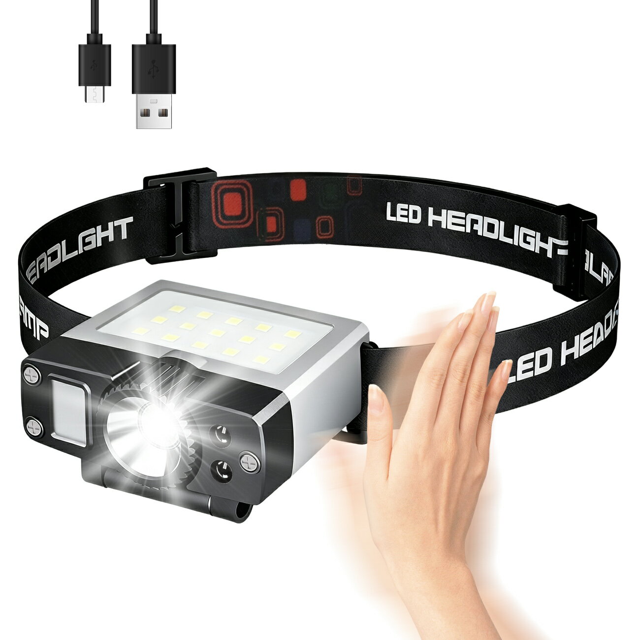 【2026年発売】ヘッドライト 高輝度 超軽量 1000lm センサー感知で手が汚れたまま操作OK！180°調節可能 防水 3灯メイン灯/サブ灯/蚊よけ用赤色灯 5モード 無段階調光 ヘッドバンド付き アウトドア キャンプ 夜釣り ランタン 登山 作業 自転車 防災 非常用