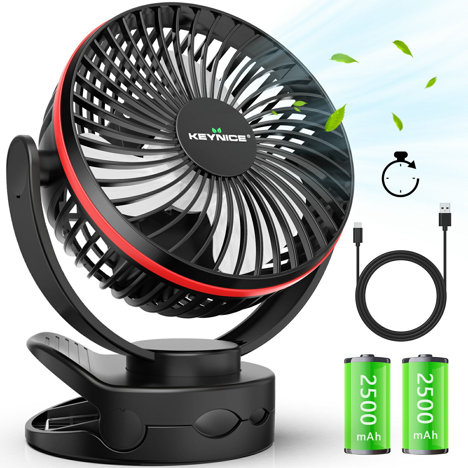 「タイマー付き」Keynice usb扇風機 卓上扇風機 クリップ タイマー付 充電式 小型扇風機 360度角度調整 超強風 usbファン コードレス 静音 長時間連続使用 5000mAhバッテリー オフィス 車 キャンプ用 KN-871-Tのサムネイル