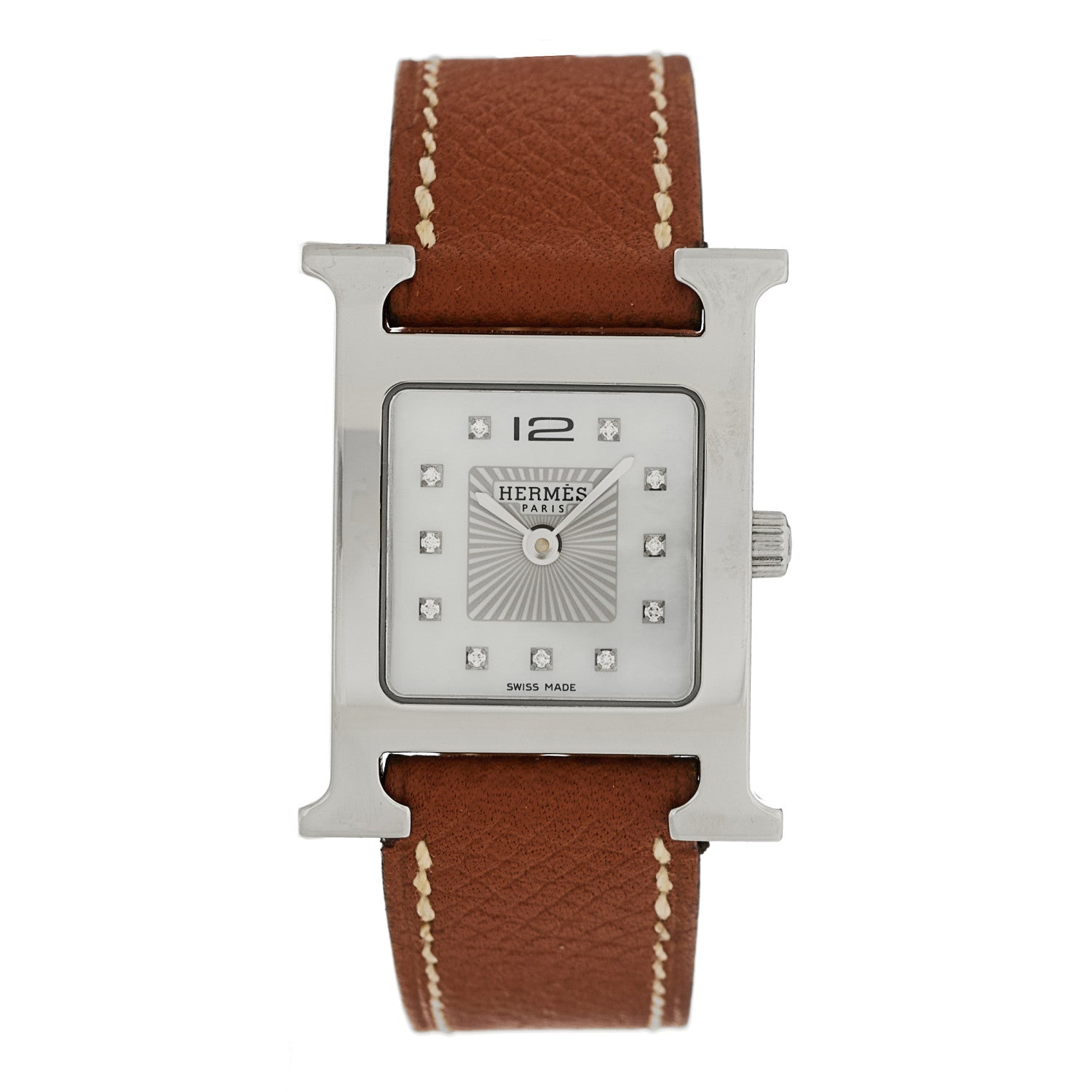 Hermes Stainless Steel Epsom Diamond Mother of Pearl 21mm Heure H Hour Quartz Watch Gold