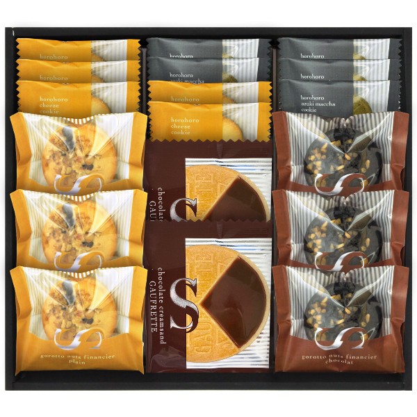 ●ごろっとナッツフィナンシェ(バニラ、ショコラ)×各3、ゴーフレット(チョコ)×2、ほろほろクッキー(チーズ、抹茶)×各5●箱260×290×45mm（日本製）●賞味期限/120日（製造日より）お客様へのお願いと注意事項※のし対応商品はのし...