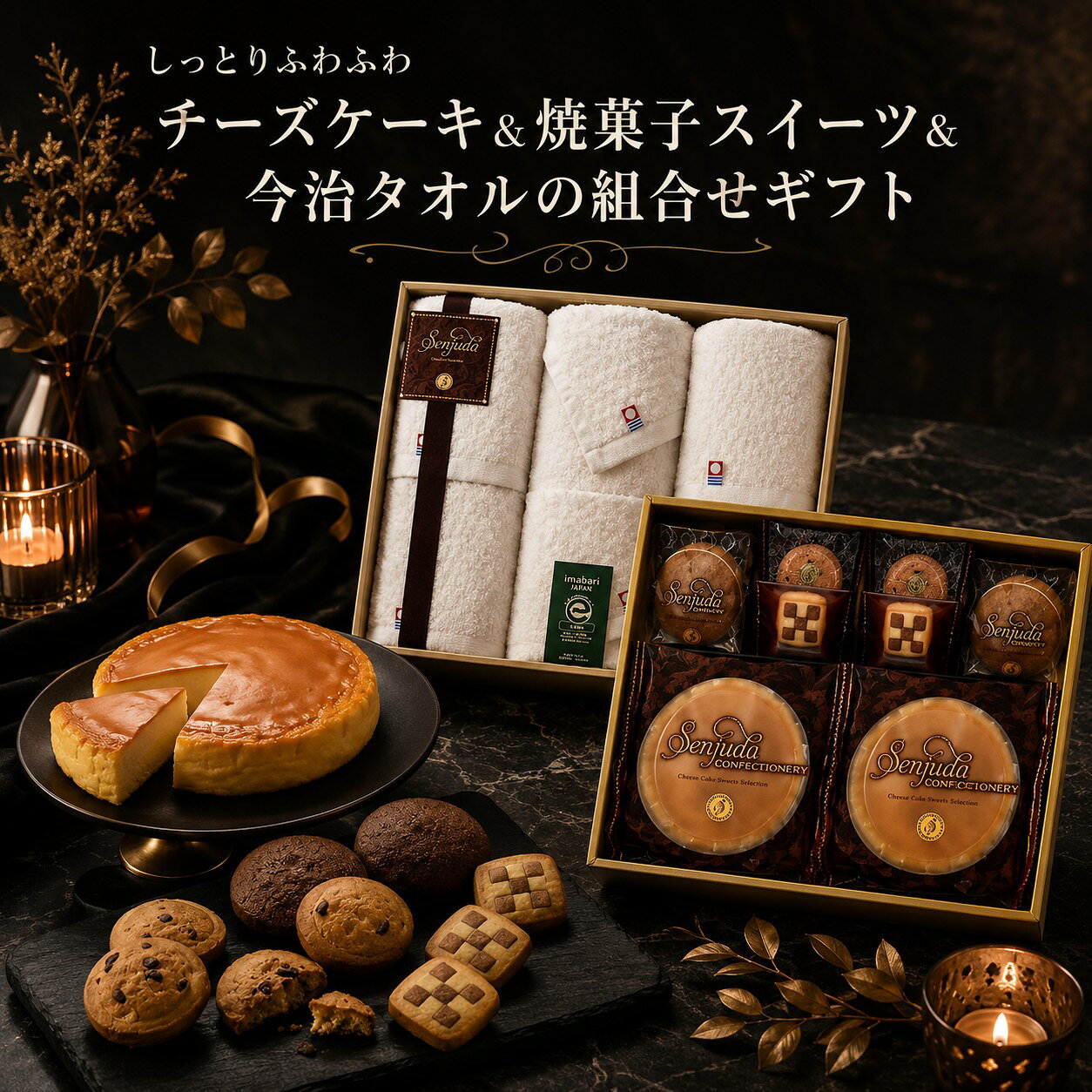 ●チーズケーキ×2、ソフトチョコケーキ×2、クッキー（チョコチップ、チェス）×各2、ウォッシュタオル（約34×35cm・綿100%）×4、フェイスタオル（約34×75cm・綿100%）×2●箱290×345×105mm（日本製）●賞味期限/90日（製造日より）お客様へのお願いと注意事項※のし対応商品はのしにお名前をお入れします。名入れ対応商品をご注文のお客様は、ご注文最終の備考欄に必ず名入れするお名前をご記入・ご入力ください。※熨斗のつけ方は原則【内のし】とさせていただいております。予めご了承ください。※当店では手提げ袋の無償サービスがございません。予めご了承ください。※送付先が下記の場合、送料がかかります。商品1個につき北海道500円（税抜）、沖縄県1,000円（税抜）がかかります。予めご了承ください。ご注文後、当店からのメールが来ない方へのお知らせシンプルな美味しさが人気のしっとりふわふわな食感のチーズケーキ、程よい甘さのソフトチョコケーキや2種類のクッキーの詰合せと人気で安心の今治タオルをセットした組み合わせギフト。リラックスしたひと時を演出します。
