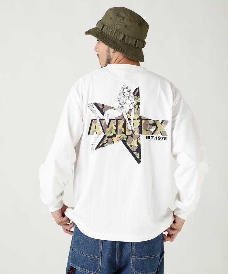 ☆★タイムセール｜AVIREX 公式通販《WEB限定》CAMOUFLAGE STAR & PINUP GIRL L/S T(アビレックス アヴィレックス)メンズ 男性※セール品につき交換 返品不可