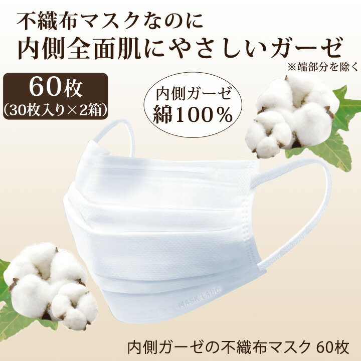 【衛生日用品】内側ガーゼの不織布マスク (60枚入) Z1762 ▼ 内側 綿100％ コットン 不織布 使い捨て 立体プリーツ 3層構造 花粉 PM2.5 ハウスダスト ノーズワイヤー 幅広 耳紐