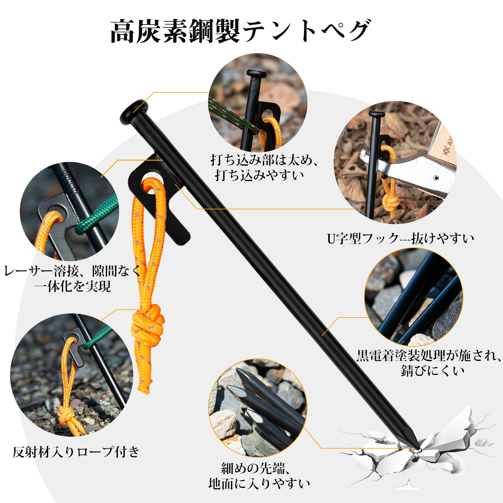 ペグハンマー + ペグ20CM 10本付き AVOFOREST ペグハンマーセット キャンプペグ 反射材入りロープ付き 高炭素鋼製 ペグ打ち 抜き 真鍮製ヘッド 木製ハンドル 収納袋付き 設営工具 テント キャンプ用品 avoforest-10000004 AVOFOREST楽天市場店 サンプル画像2