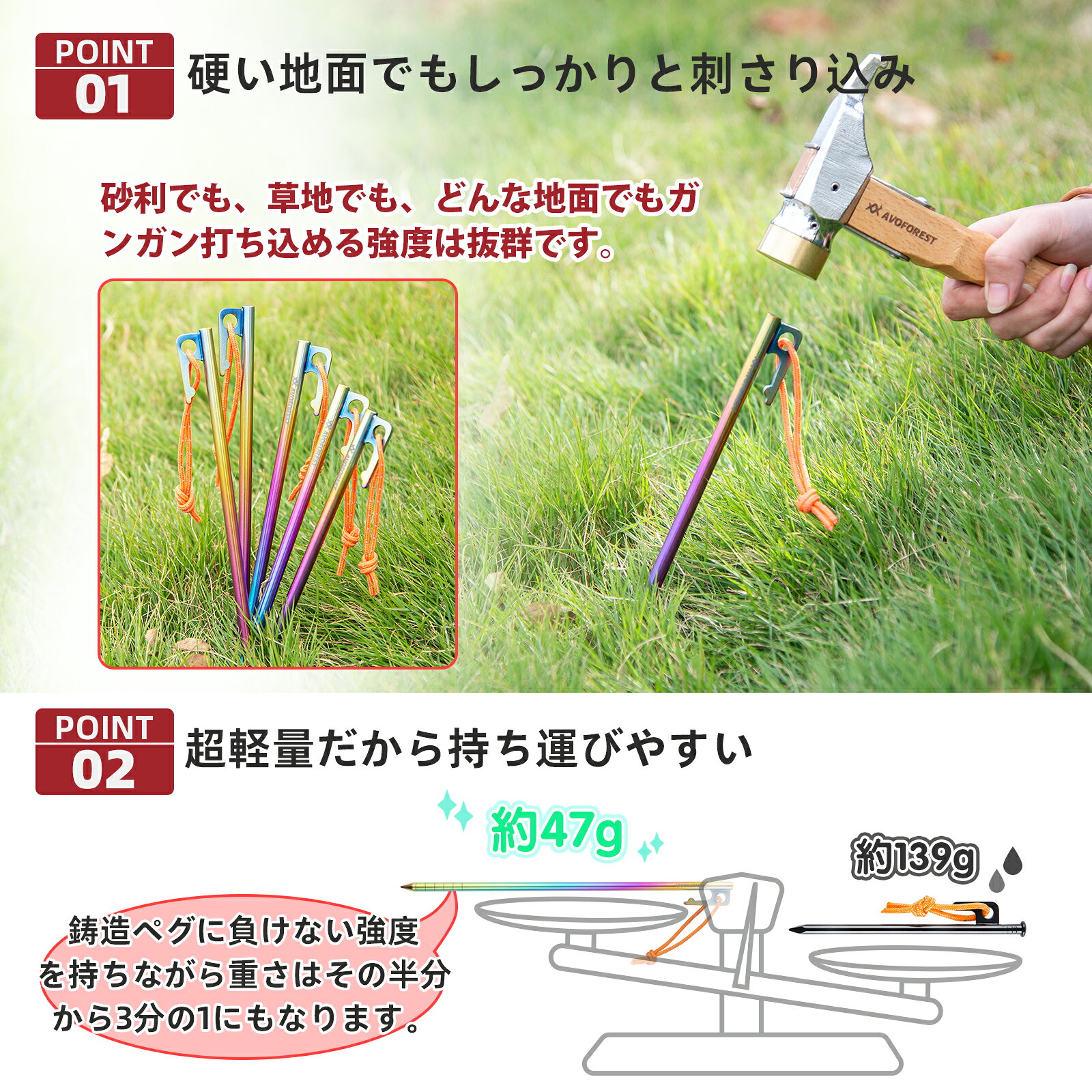 チタンペグ AVOFOREST 焼き色 ペグ 20/25/30CM チタン合金 レーザー一体化溶接 反射材入り 固定ロープ付き 超軽量 高強度 8本セット テント用 タープ用 アウトドア/キャンプ 用品 岩場 砂浜 砂利 硬い土 草地 avoforest-10000008 AVOFOREST楽天市場店 サンプル画像2