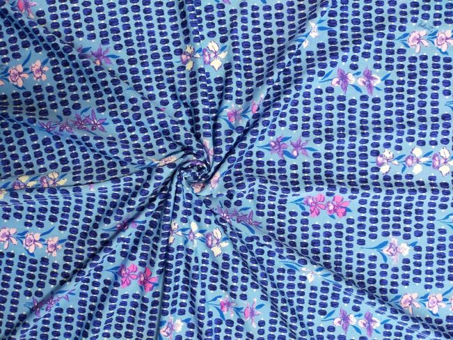 【送料無料】イタリア製輸入生地【FALCONETTO/ファルコネット】ナイロンプリント ブルーの濃淡のつぶつぶ地にピンク 紫 白の蘭の花柄 125x90cm A1−46 