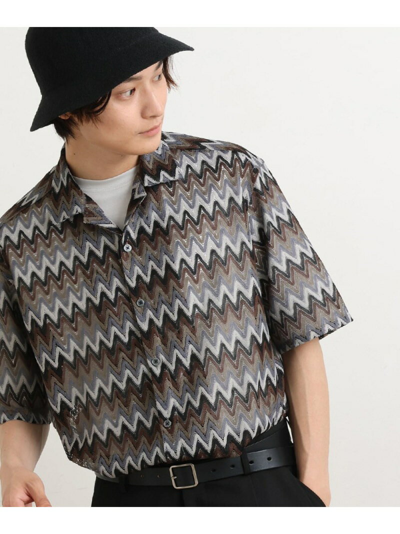 幾何柄レースオープンカラーシャツ(五分袖) a.v.v アー・ヴェ・ヴェ トップス シャツ・ブラウス ブラウン グレー【送料無料】[Rakuten Fashion]のサムネイル