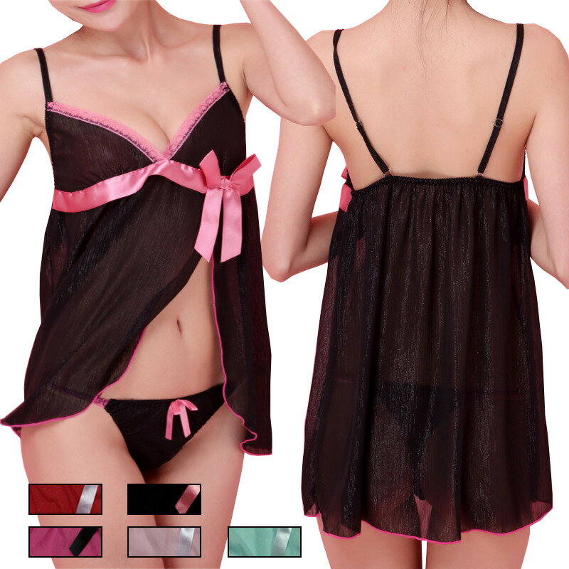 【メール便送料無料】 ラメ生地ビックリボンベビードール&Tバックショーツ (M/L) セット セクシー ランジェリー