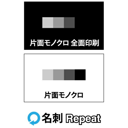 名刺 ショップカード　リピートオーダー表：モノクロ全面 / 裏：モノクロ。名刺ケース1個付属表記の価格は用紙ホワイト、作成内容が前回と変更無しの場合です。ご注文確認後、正確な価格をお知らせします。