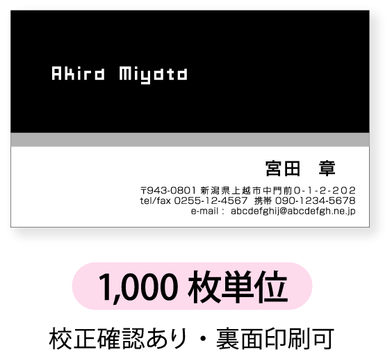 モノクロ名刺 名刺印刷　名刺作成【1,000枚単位】名刺ケース1個付属黒のベタ塗とグレーラインの組み合わせのデザインです