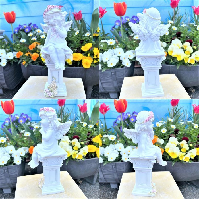 ≪天使置物 エンジェル雑貨 ガーデニング雑貨≫【コラムにおすわりエンジェル 花冠の天使 ガール】 癒し ガーデン インテリア置物 ホワイトデー 誕生日 母の日 おうち時間 プレゼント ギフト 贈り物 オブジェ オーナメント