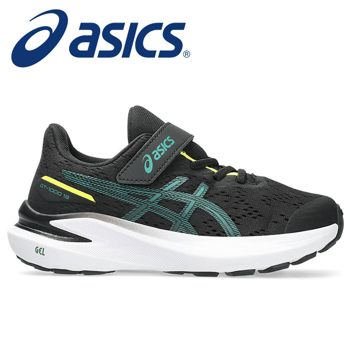  ★ゴムヒモ+1本ベルトタイプ★【 2025年 秋冬モデル】【 アシックス asics 】【 シューズ 靴 】 キッズ ランニングシューズ GT-1000 13 GT1000 PS 子供 園児 ジュニア シューズ 靴 スニーカー 男の子 1014A344 (008) ブラック/ジャスパーグリーン [250725][amz]