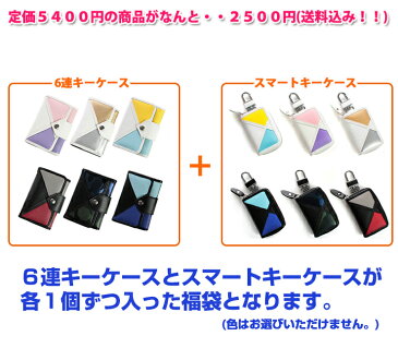 【展示品 福袋】 6連キーケース と スマートキーケース 2個セットのお得な福袋！トリコロシリーズ（全6色） おしゃれ キーケース プレゼント マルチカラー シンプル 高級感　3色 トリコロールカラー 鍵 スマートキー 鍵 カギ レディース かわいい