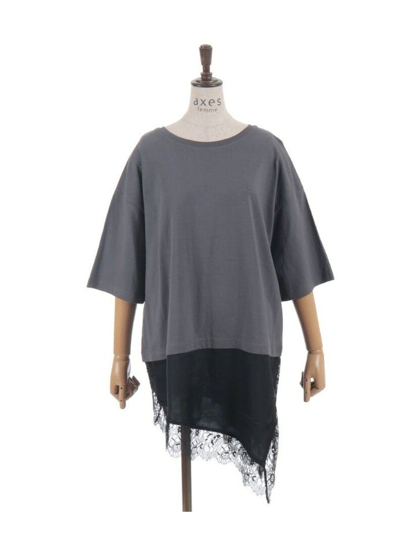 Rakuten - レースドッキングTシャツ axes femme アクシーズファム トップス カットソー・Tシャツ ベージュ グレー[Rakuten Fashion]