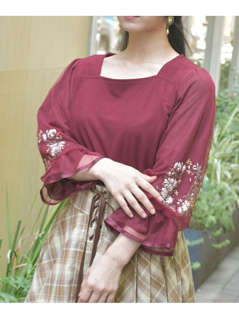 コスモス刺繍ボリューム袖プルオーバー axes femme アクシーズファム トップス カットソー・Tシャツ ワインレッド ベージュ ブラウン【送料無料】[Rakuten Fashion]のサムネイル