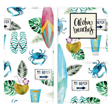 ARROWS X F-02Eケース 手帳型 (ML) 送料無料 ALOHA Beaches ハワイアン イラスト SUMMER サマー BEACH ビーチ 夏 スターフィッシュ 貝がら Flower パイナップル ヤシの木 Palm tree