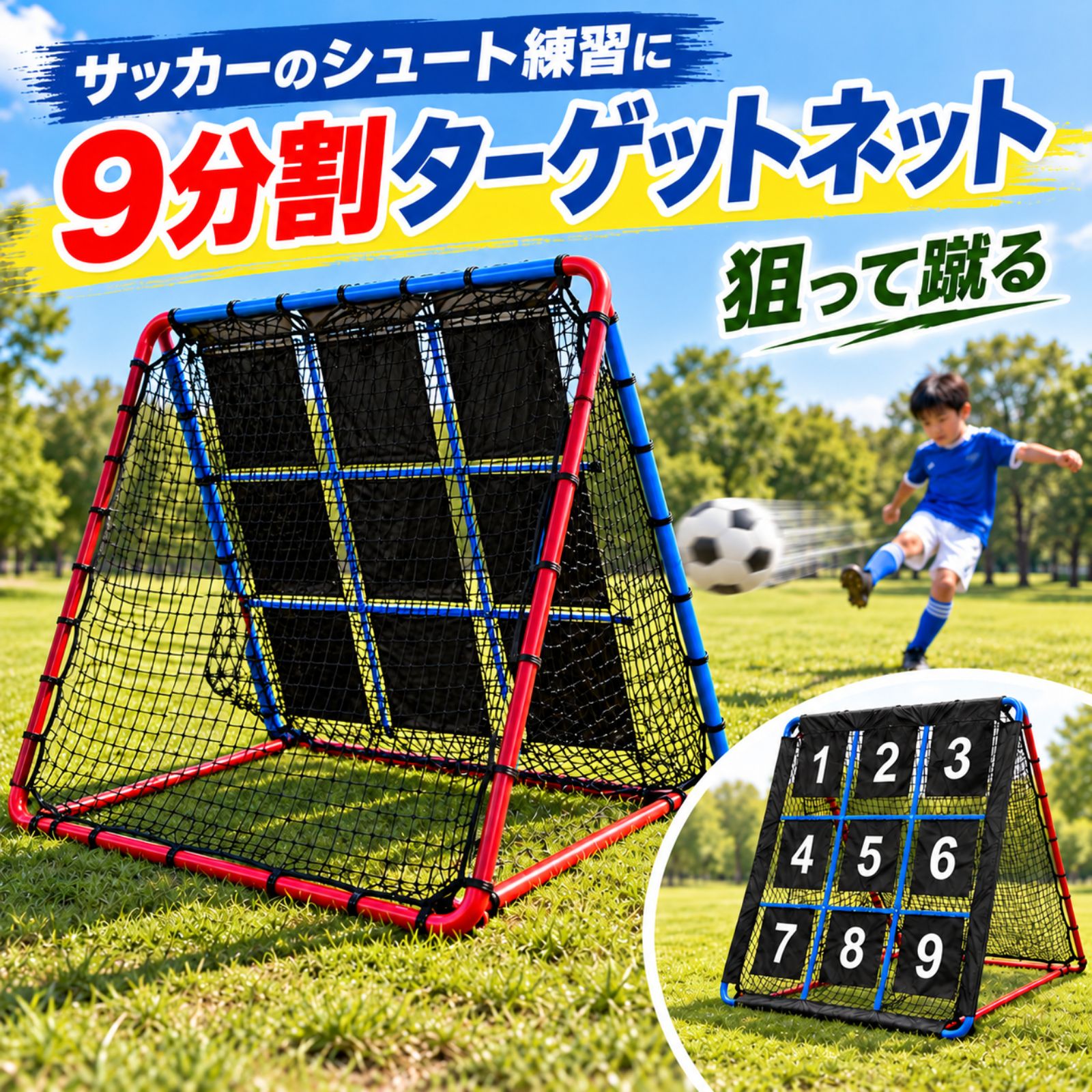 ターゲットネット リバウンドネット 2WAY サッカー 野球 投球練習 自主練 球技練習 6段階角度調整 折りたたみ 壁当て 的当て ストラックアウト ペグ付き 屋外 屋内 子供