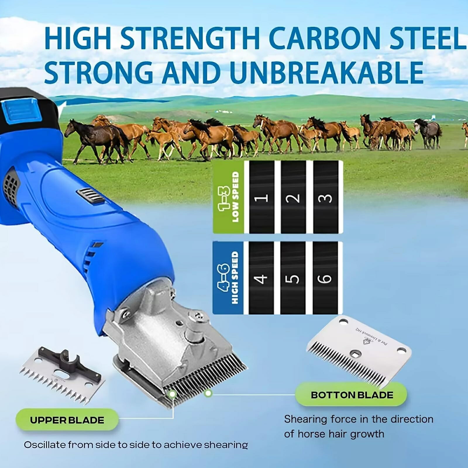 あくせらいふのコードレスホースクリッパー500W、2つの充電式バッテリーと馬、ポニー、牛用の取り外し可能な炭素鋼ブレードを備えたプロの6速調整可能｜アングル2
