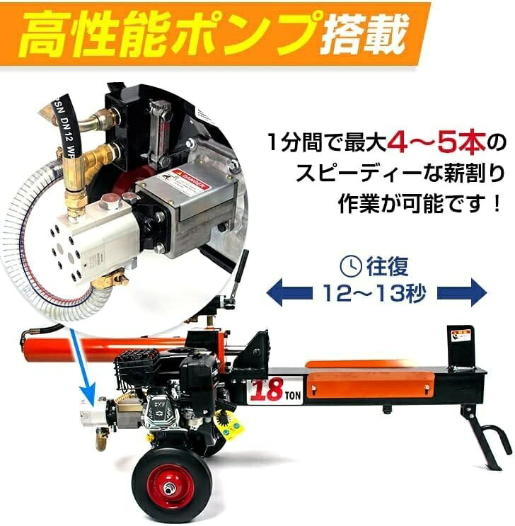 薪割り機、油圧式薪割り機 エンジン式 油圧 18t エンジン式6.5馬力 操作簡単 直径4...