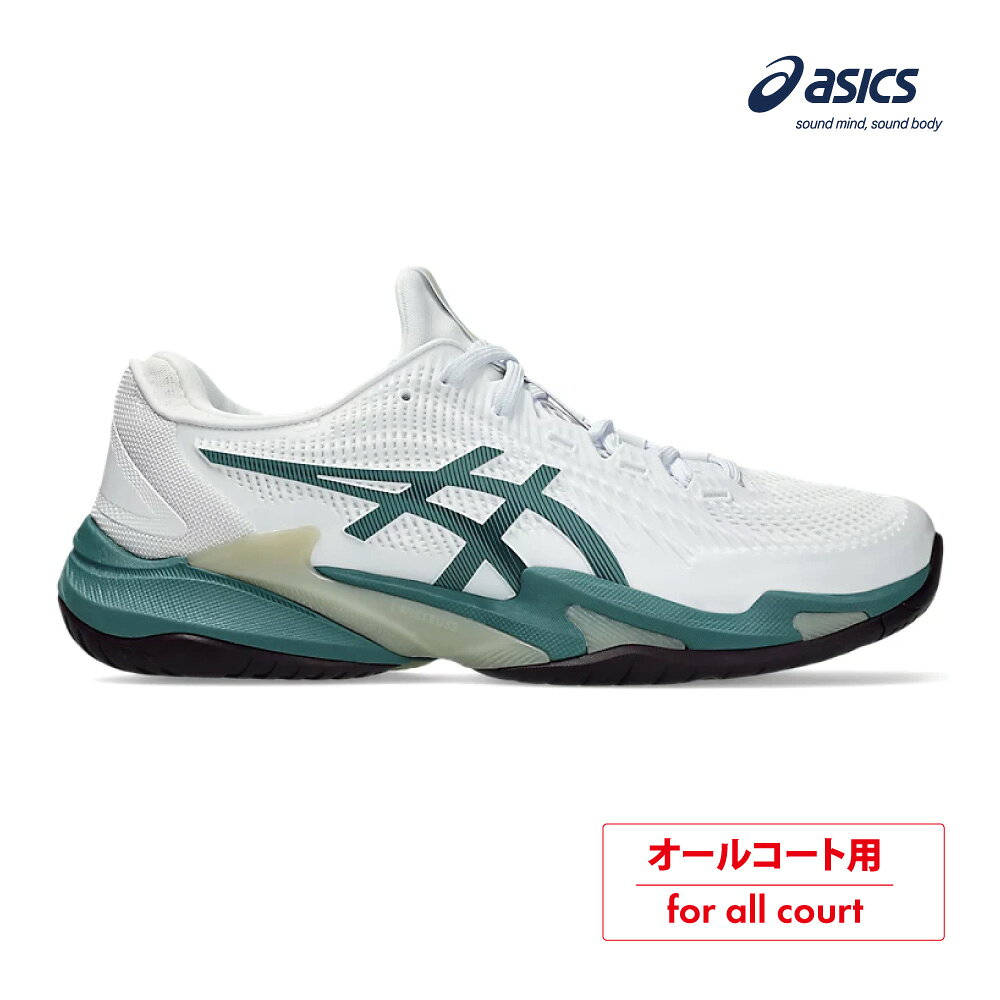 【商品名】COURT FF 3(オールコート) 　コートFF3 【品番】1041A370-107 【カラー】WHITE / FOGGY TEAL 【Made in】Vietnam 【サーフェス】オールコート用 【サイズ】　25.0 - 29.0 / 30.0 cm 【幅/ラスト】　STANDARD 【アッパー素材】　合成樹脂・合成繊維・人工皮革（合成皮革） 【アウター素材】　ゴム底 【インナーソール】合成樹脂(ORTHOLITE)/取り替え式 【その他】　適合する別売中敷:1173A029/テニス SRB(R)中敷 （公財）日本ソフトテニス連盟公認 　NON MARKING RUBBER対応 【備考】こちらの商品は他の通販サイトと在庫共有しているため、ごくまれにご注文後でも在庫切れの場合がございます。 その際は連絡させて頂きますので、予めご了承ください。スピードと安定性を高い次元で両立するアシックステニスのフラッグシップモデル。 力強いスイングとショットの間の素早いリカバリーをサポートするために設計されています。安定した着地を生み出し、身体にかかる負荷を軽減します。その結果、力強いスイングを生み出すために、より多くのエネルギーを注力することが可能となります。 スムーズなクロスオーバーステップを行うために、より短い時間でより迅速なターンを実行することができます。アウターソールのグリップとTWISTRUSSサポートシステムは、より多くの力で地面を蹴り出すことが可能となります。これにより、素早く元の態勢に戻し、よりスムーズに正しいポジションに戻ることができます。