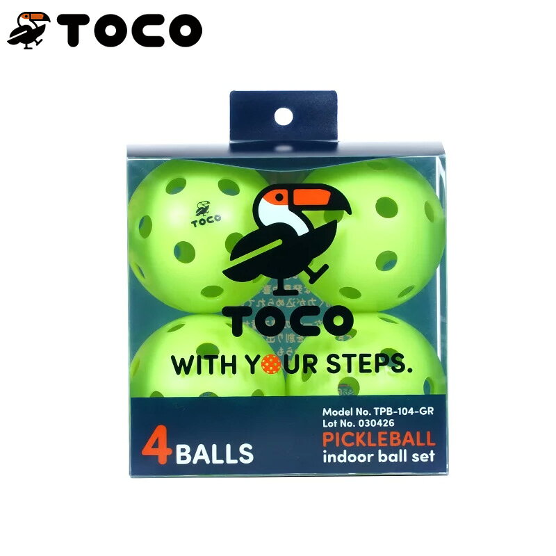 【商品名】 TOCO ピックルボールインドア用練習球 4個セット 【カラー】 グリーン 【数量】 4個入り 【素材】 PE 【サイズ】 7.4cm / 2.9in（1球あたり） 【重量】 26 g / 0.92 oz（1球あたり） 【デザイン】日本　 【生産国】 中国 【製造販売元】 ビーズ株式会社 【備考】 こちらの商品は他の通販サイトと在庫共有しているため、ごくまれにご注文後でも在庫切れの場合がございます。 その際は連絡させて頂きますので、予めご了承ください。 また、実際の商品と比較し色味に若干の誤差が生じる場合がございますので、ご了承下さい。 メーカー希望小売価格はメーカーサイトに基づいて掲載していますPICKLEBALL INDOOR BALL SET（4pcs） ピックルボールインドア用練習球 4個セット 室内でも、打った手応えを。 やわらかいだけでは、少し物足りない。 そんなプレイヤーのために、TOCOはインドアボールの打感を見直しました。 つなぎ目のないワンピース構造と、打った感触が伝わる適度な硬さを採用。 打ちやすさと安定したプレー感覚を追求した、26ホールのインドア用ボールです。 つなぎ目のないワンピース構造 ボール全体を一体で成型した、シームレスなワンピース構造を採用。接合部による構造差をなくし、素直な飛びと安定したプレー感覚を目指しました。 しっかり伝わる打感 インドアボールらしい扱いやすさを保ちながら、パドルに当たった瞬間の手応えを感じられる硬さに設計。 当たりの厚さやタイミングが手に伝わりやすく、初心者から上級者まで扱いやすい打球感を実現しています。 インドアプレーに適した26ホール 体育館などの屋内コートでの使用を想定した26ホール設計。 コントロールしやすく、テンポのよいラリーを楽しめるボールに仕上げています。