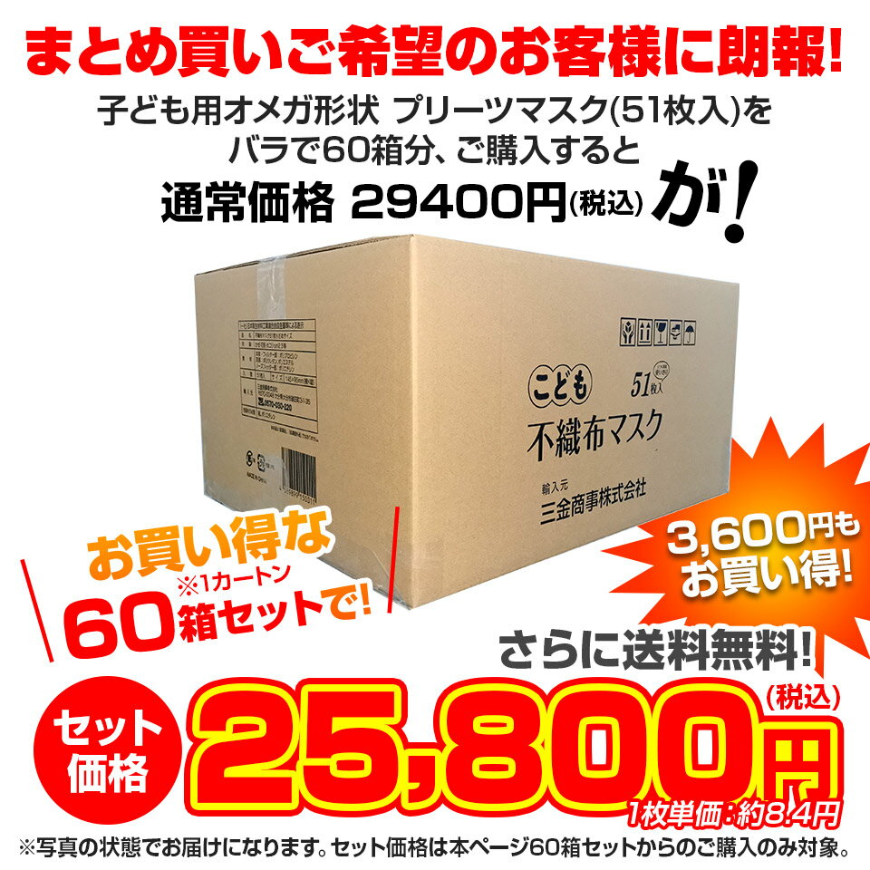 マスク 小さめ 3000枚 +60枚 子供用 オメガ形状プリーツ 3層構造フィルター 51枚×60箱セット 1カートン 使い捨てマスク 不織布マスク 小顔用 小さめサイズ ホワイト 花粉 ほこり こども用マスク【送料無料】