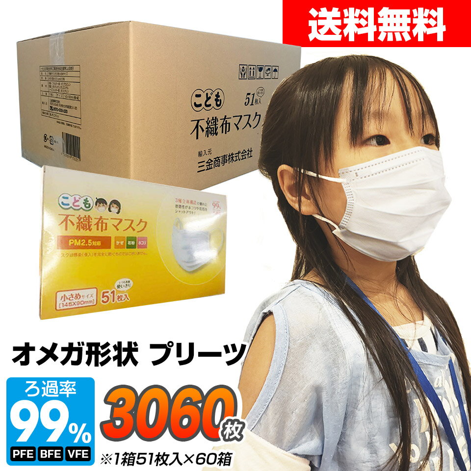マスク 小さめ 3000枚 +60枚 子供用 オメガ形状プリーツ 3層構造フィルター 51枚×60箱セット 1カートン 使い捨てマスク 不織布マスク 小顔用 小さめサイズ ホワイト 花粉 ほこり こども用マスク【送料無料】