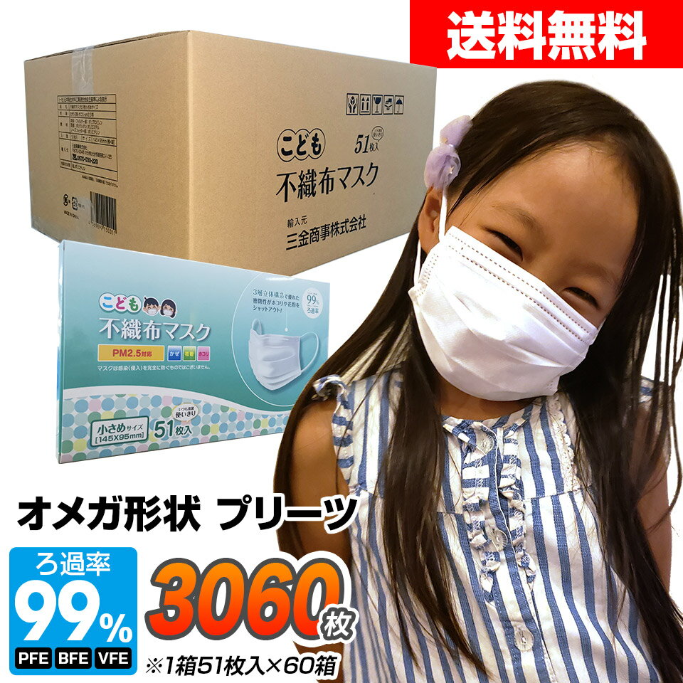 マスク 小さめ 3000枚 +60枚 子供用 オメガ形状プリーツ 3層構造フィルター 51枚×60箱セット 1カートン 使い捨てマスク 不織布マスク 小顔用 小さめサイズ ホワイト 花粉 ほこり こども用マスク【送料無料】