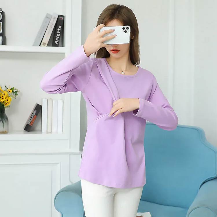 マタニティ 体型カバー 授乳服 秋 クルーネック 授乳口付き 授乳しやすい 丸首 春 ...