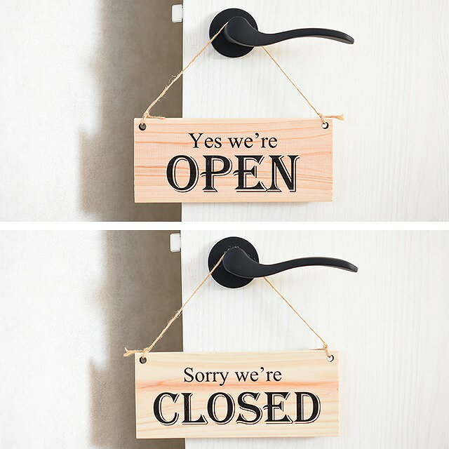 楽天AyahaDesignドア プレート ドアサイン Open Closed Yes we're Open Sorry we're Closed 麻ひも付 吊り下げ 国産ひのき 明朝体系　影付き 飲食店 カフェ レストラン おしゃれ 両面 案内プレート 木製ドアサイン UVプリント 案内 呼びかけ 197mmx84mm