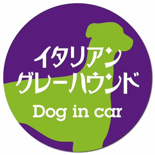 Dog in car イタリアングレーハウンド レトロ書体 パープルグリーン カーサイン 車 マグネットステッカー 犬 マグネット 強力 直径13cm 丸型 おしゃれ かわいい ドラレコステッカー 安全対策 危険運転 煽り運転 アニマル 動物 犬種別 屋外 防水 屋内