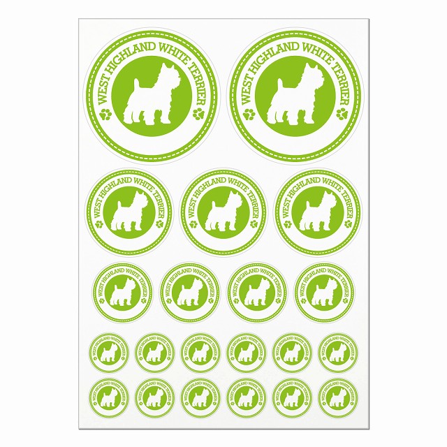 ドッグ ステッカー ウエストハイランドホワイトテリア ライトグリーン A4サイズ まとめて詰め合わせ 丸タイプ サイズ別 21枚セット 犬種別 シール カーステッカー 愛犬 キャンプ 持ち物 ドッグフード用 屋外 屋内 防水 かわいい おしゃれ 肉球マーク