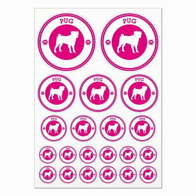 ドッグ ステッカー パグ ピンク A4サイズ まとめて詰め合わせ 丸タイプ サイズ別 21枚セット 犬種別 シ..